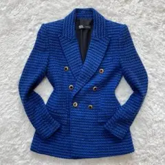 美品 ZARA ザラ ツイードジャケット ダブル ブレザー 金ボタン ブルー S
