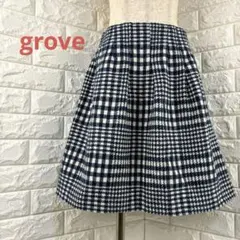 グローブ　grove ひざ丈フレアスカート ネイビーとホワイトチェックＳサイズ