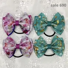 【まとめ売り 690】ハンドメイド ヘアゴム ダブルリボン ホログラム 4個