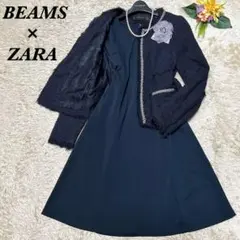 美品 セレモニースーツ ラメツイード ノーカラージャケット ワンピース ネイビー