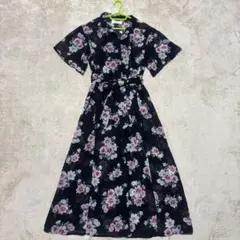 LOWRYSFARM 花柄シャツワンピース 半袖 ウエストリボンベルト