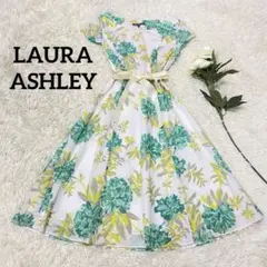 【LAURA ASHLEY】 半袖 ワンピース 膝丈 フラワー グリーン