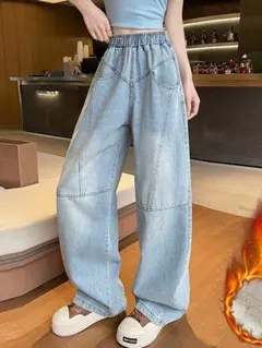 ファッション ワイド デニムパンツ ハイウエスト ゆったり 着痩せ 切り替