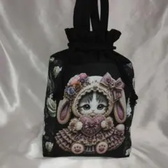 トート　ハンドメイド　ねこ(=^_^=)イラスト巾着トートバッグ　両面パネルのサムネイル