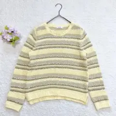 美品★ 【ピノーレ】 サマーニット （M） ラメ ボーダー 異素材 日本製 長袖