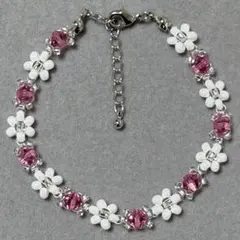 ブレスレット ハンドメイド 花 フラワー ビーズ スワロフスキー 白 ピンク 銀