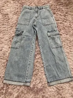 GUライトブルーデニム　 ハイウエスト カーゴパンツ