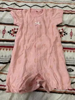 【試着のみ】ピンク ハート模様 リボン付きロンパース