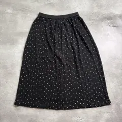 麻混ドット柄 ロングスカート レトロ ブラック