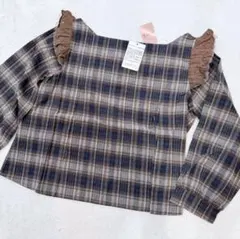 新品 flower ブラウス トップス チェック フリル 長袖 ブラウン