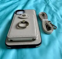 新品★iPhone 各種　カードホルダー付きケース★ベージュ ネックストラップ付