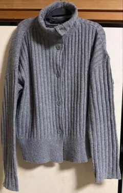 グレー L リブ編み ハイネックセーター