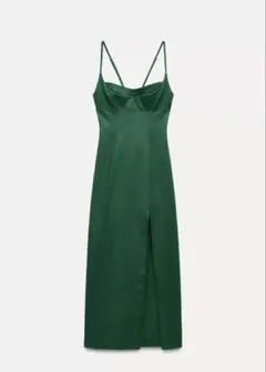 新品！ZARA【リネンブレンド ストラップ ミディワンピース 】グリーン