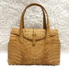 【希少】クロコダイル調 ハンドバッグ ベージュ系 スエード調内装 エキゾチック