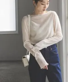 アイボリー リブ長袖トップス ボートネック