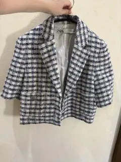 ZARA チェック柄 半袖ツイードジャケット