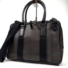 【美品】バーバリー　ビジネスバッグ　2way PVC スモークドチェック 茶