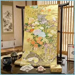 極美品【六通柄】袋帯 金地 菱取四季花鳥紋 豪華絢爛 正絹 約436cm 振袖
