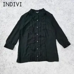 インディヴィ　タックプリーツ七分袖ブラウス(38)シアー　バンドカラー　上品