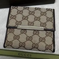 GUCCI グッチ　折り財布　メタルロゴ　キャンバス　GG ブラウン