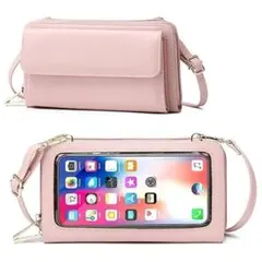 スマホショルダー 入れたまま操作 スマホ 財布 一体型 レディース (ピンク)