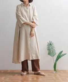 極美品✨定価１.３万❤️　ベージュ　麻　ドアーズ　リネン半袖シャツワンピース