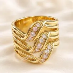 豪華 Goldカラー ウェーブデザイン高級ジルコニア 贅沢リング12号