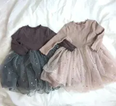 星柄　チュールスカート　ドレス　ワンピース　双子　2点セット　ピンク　グレー