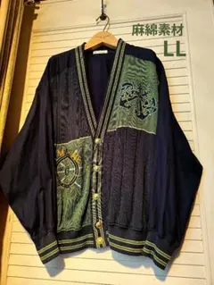 L 〜XL　80年代　90年代 レトロ　ニット　カーディガン　刺繍　紺