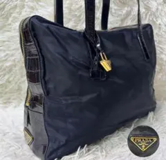 美品　プラダ　三角ロゴ　トートバッグ　ナイロン　レザー　クロコ型押し　南京錠