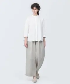 無印良品リネン　洗いざらしスタンドカラー七分袖ブラウスXL