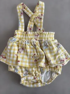 ロンパース ベビー服 サロペット 黄色　80 チェック柄 フリルロンパース
