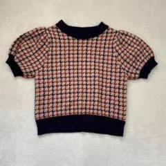 グレイル ニット 半袖 ベージュ 千鳥格子柄 パフスリーブ M