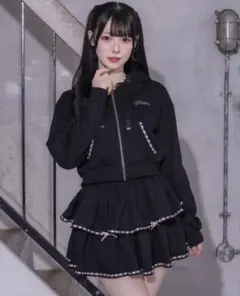 【 pium 】はしごレースフリルパーカーセットアップ ブラック×ピンク