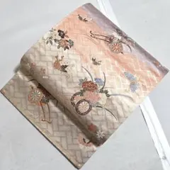 A◆着物くつろぎ 蝶々と花車 金糸 牡丹 菖蒲 椿 六通 正絹 袋帯110