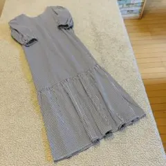 美品しまむら♥︎ルティーク♥︎ストライプ柄 半袖ロングワンピ 【M】綿混青白着痩せ