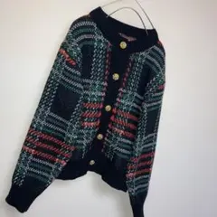aimoha チェック柄 ニットカーディガン 金ボタン レトロ 韓国風