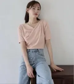 ドレープネックリブTシャツ　半袖カットソー ピンクのサムネイル