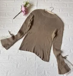 レディース　ニット　薄手　ベージュ　袖フリルレース　フリーサイズ