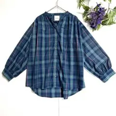 美品/ボリューム袖/夏秋服✨ アフタヌーンティー 長袖 ブラウス L チェック柄のサムネイル
