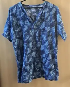 青系花柄 Vネック Tシャツ　Мサイズ