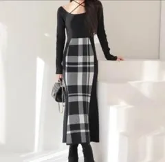 LIP SERVICE シェーディングチェックマーメイドワンピース ブラック