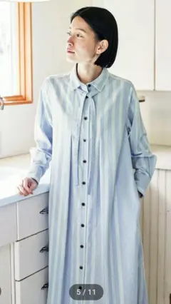 サニークラウズ 春霞ストライプワンピース リボンタイ ロング丈 L