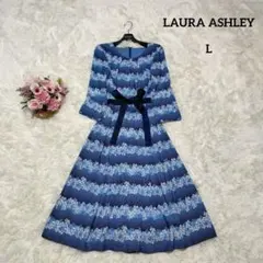 【未使用級♡美シルエット】ローラアシュレイ　あじさい柄リボンフレアワンピース　L