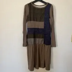 ブラウン系 パッチワーク ニットワンピース 長袖