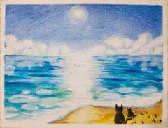 水彩画 海育ちの猫達〜沈みゆく夕陽 原画 - メルカリ