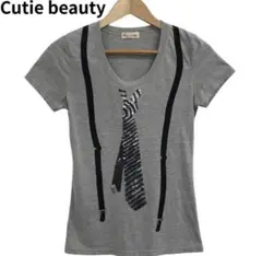 Cutie Beauty ネクタイプリント グレー Tシャツ スパンコール