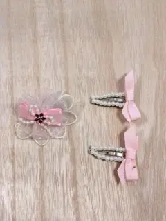 リボンと花のパール　ヘアピン3個セット