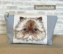 【期間限定お値下げ】大きめポーチ♡もふもふ猫ちゃん♡くすみブルー