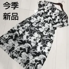 新品 ロングワンピース 黒 白 総柄 洗える 綿100 フラワープリント M L